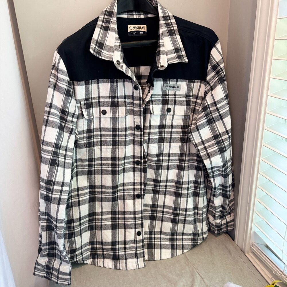 Magellan Campfire Flannel Shacket Mens XXL Black White Plaid Heavy